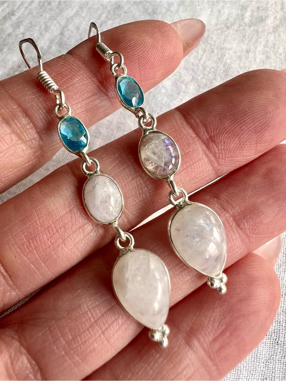 925 Ethereal Moonstone + Swiss Blue Topaz Long Earrings - Picture 5 of 7